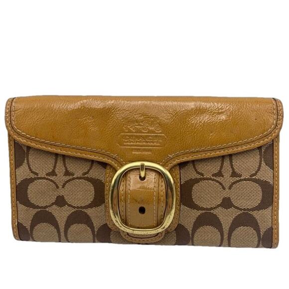 COACH Brown and Tan Signature Canvas Patent Leather Wallet - Picture 1 of 11